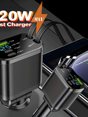 120W Бързо Автомобилно Зарядно – 2x USB Type-C, Сгъваем Кабел, Компактно