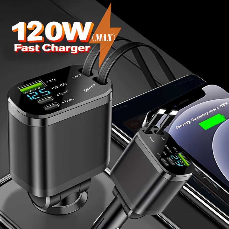 120W Бързо Автомобилно Зарядно – 2x USB Type-C, Сгъваем Кабел, Компактно