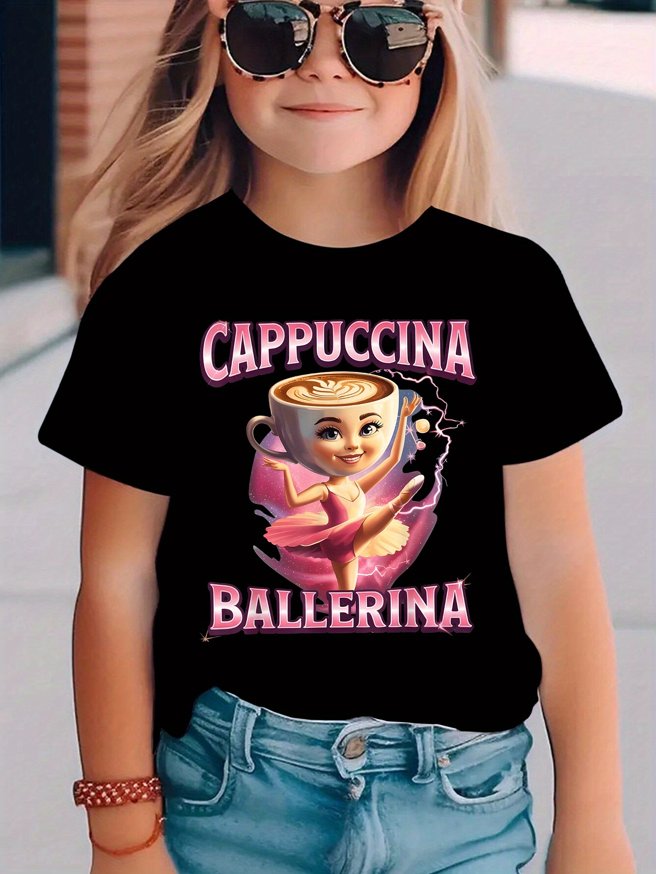 Момичешка тениска CAPPUCCINA BALLERINA – анимационен принт, къс ръкав, летен стил - Image 2