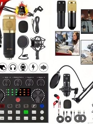 Професионален комплект BM800 – микрофон + звукова карта + стойка + мониторингови слушалки за запис и стрийминг