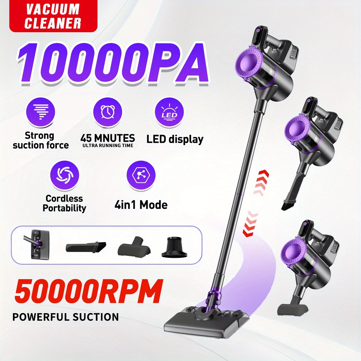 Ръчна прахосмукачка JKUOO - мощна 10KPa с USB зареждане и контейнер 1.3L - Image 4