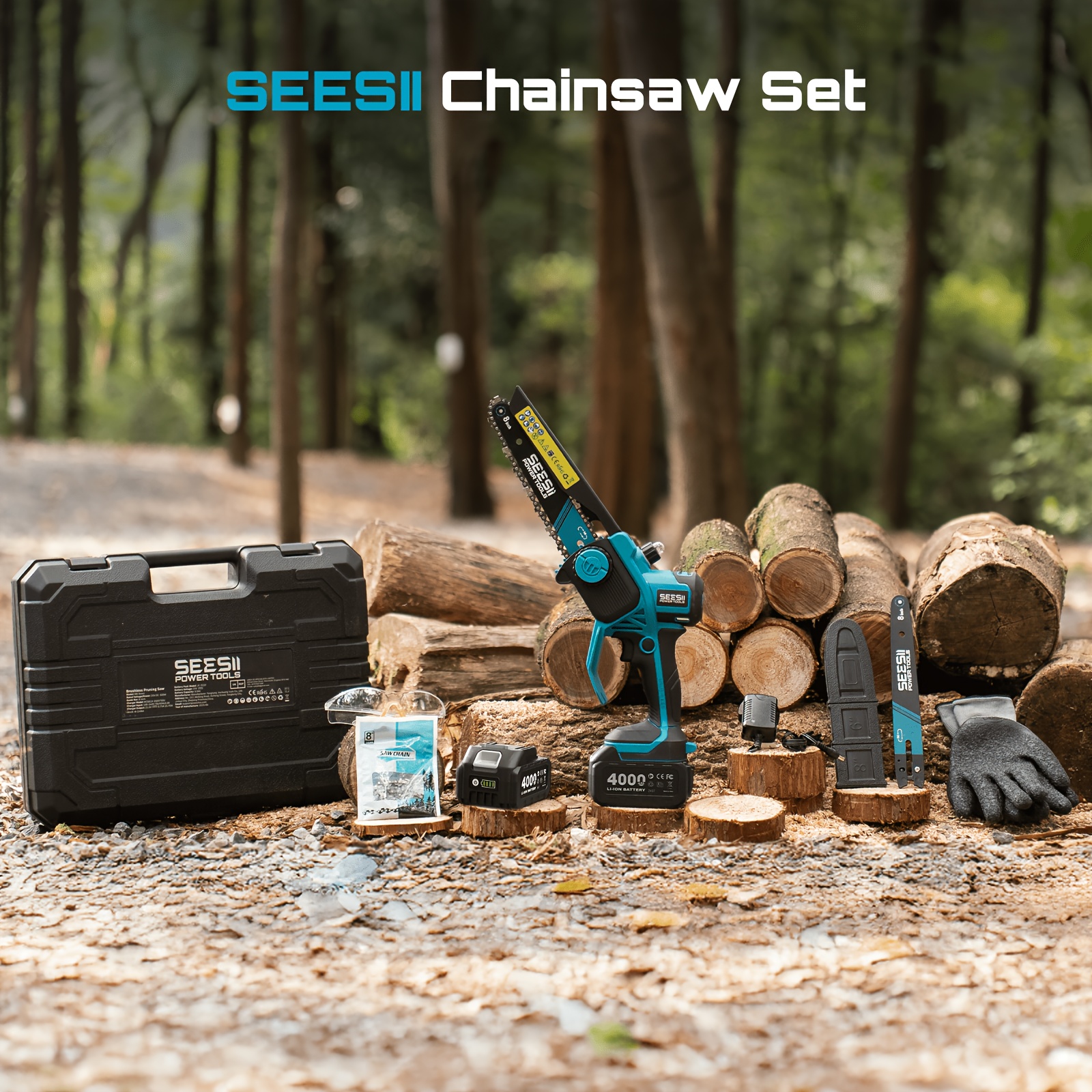 SEESII 8-инчова безжична мини верижна трион – Безчетков мотор, 2 батерии 4000mAh, бързо рязане на клони - Image 5