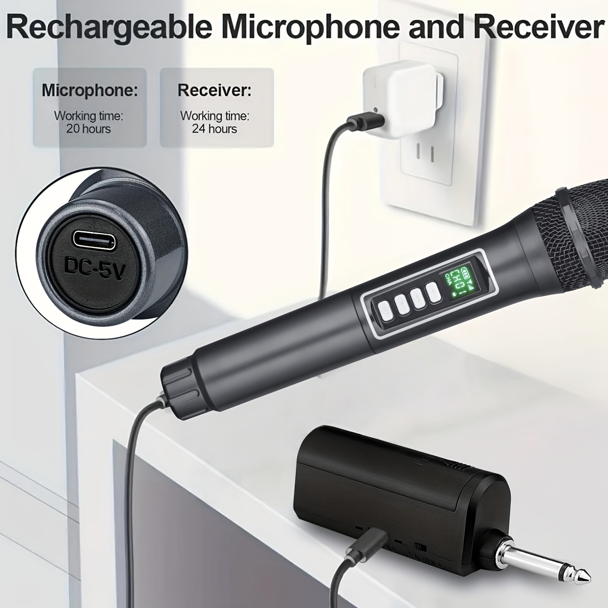 Черeн 2.4GHz безжичен микрофон – USB Type‑C зареждане, литиева батерия 18650, 6.35 мм жак - Image 7