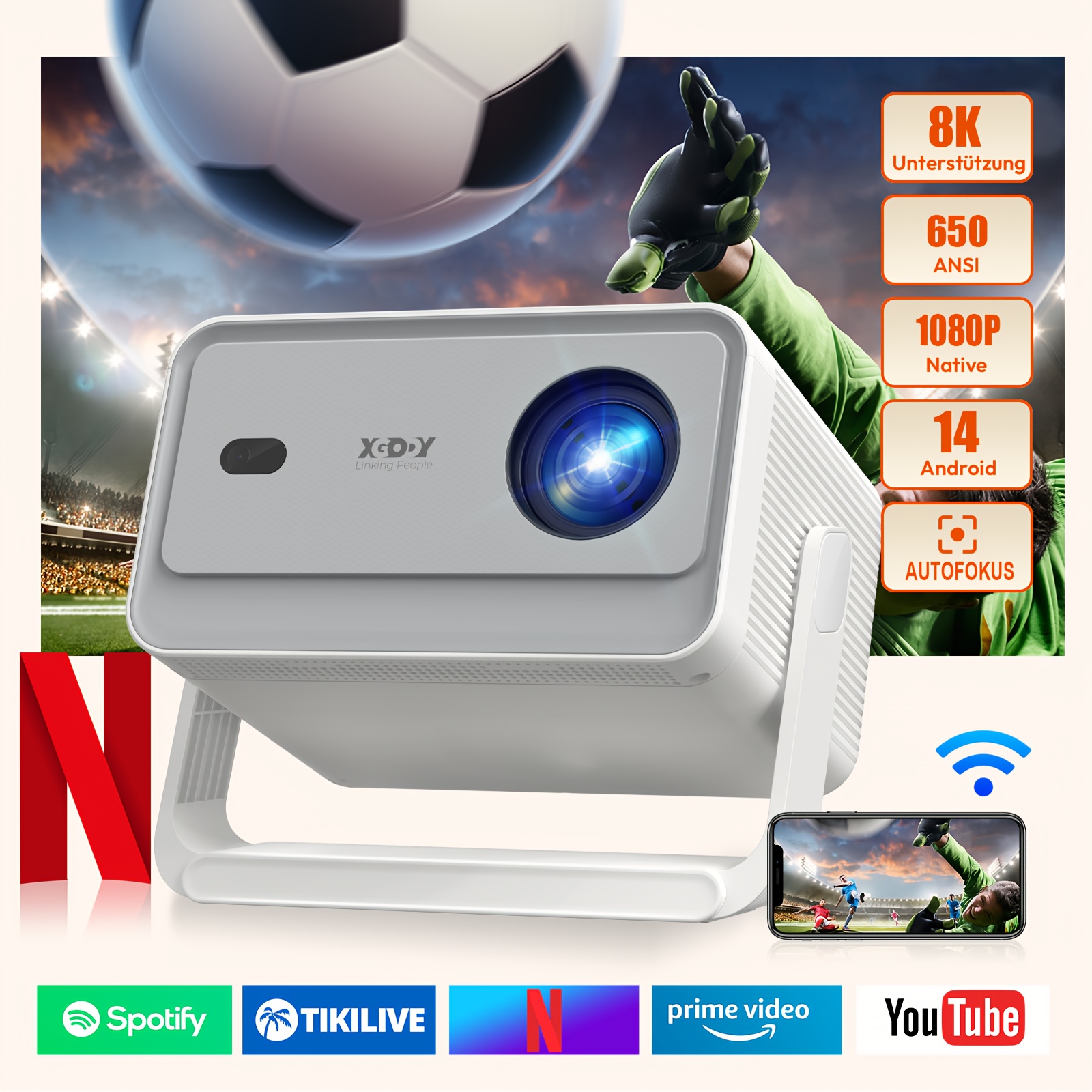 XGODY Android 14 Проектор – 1080P нативен, 8K съвместим, 650 ANSI, автофокус и кейстоун