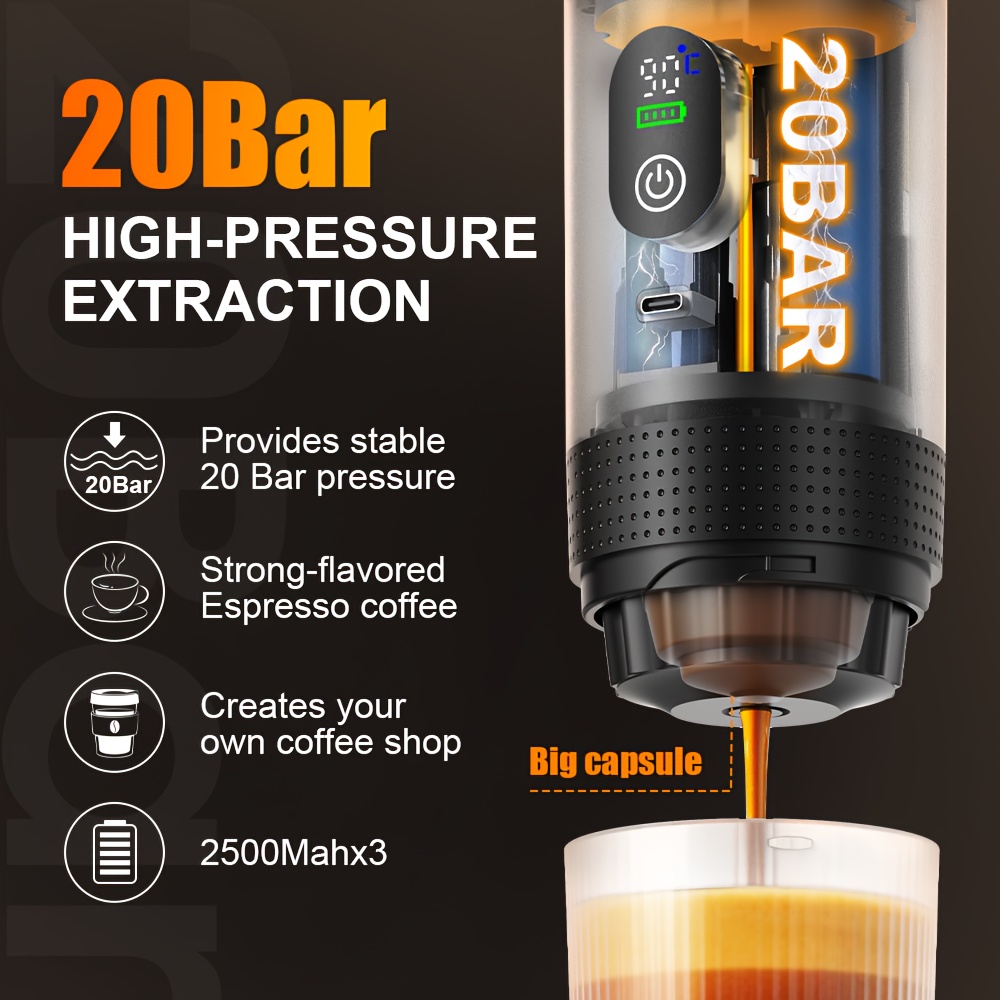 Преносима еспресо машина 3-в-1 – 20Bar, самозагряваща, с батерия 7500mAh, за капсули и мляно кафе - Image 3