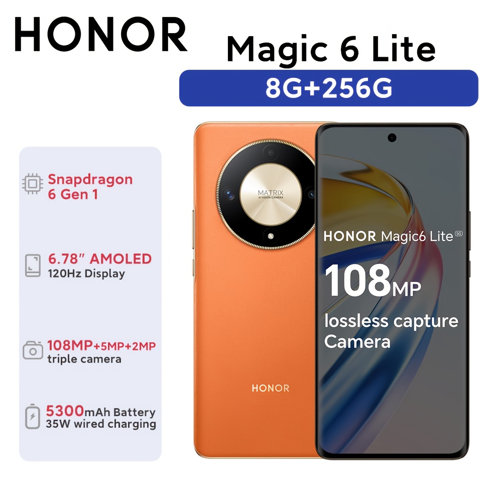 Глобална версия HONOR Magic6 Lite - Snapdragon 6 Gen 1, 5G, 108MP камера, 5300mAh батерия, бързо зареждане, AMOLED дисплей, пръстов отпечатък