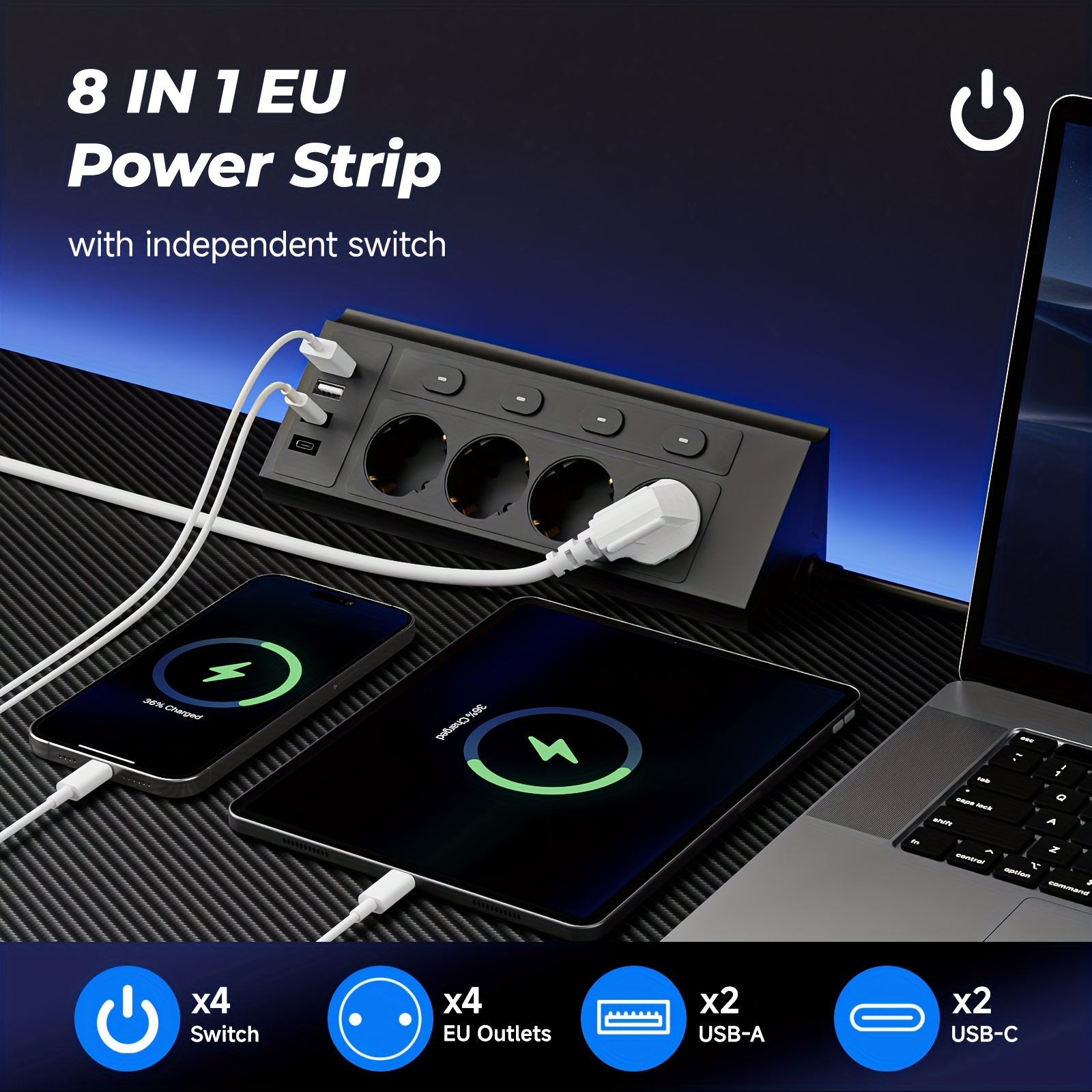 Ъглов разклонител за бюро – европейски стандарт, 4 контакта + USB/Type‑C, идеален за дом и офис - Image 4