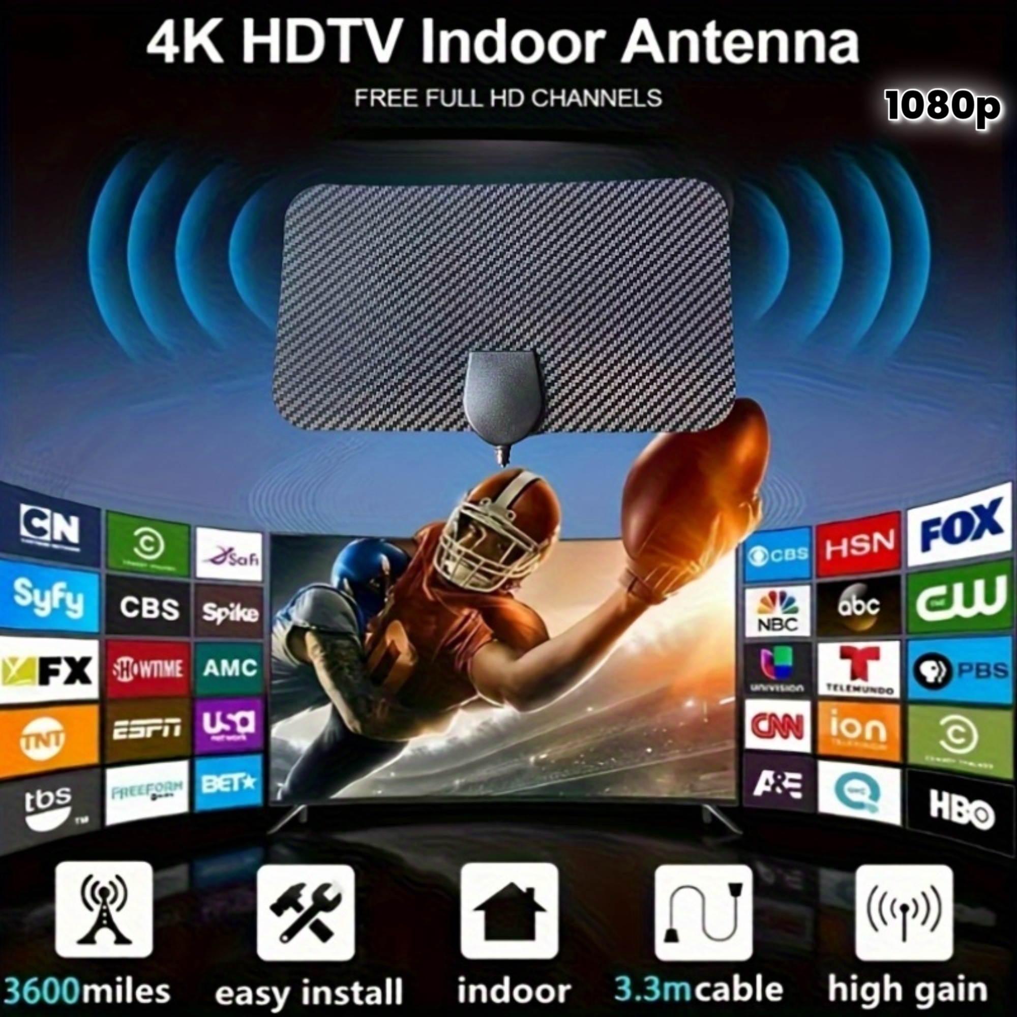 Вътрешна 4K HDTV антена 2024 – карбонов дизайн, безплатни канали, съвместима със стари и нови TV