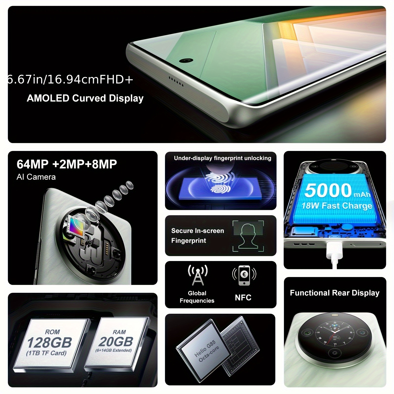 FOSSiBOT S3 Pro 2025 Android смартфон - 6.67" AMOLED + 1.09" вторичен дисплей, 20GB RAM, 128GB/1TB памет, 64MP AI камера, 5000mAh батерия - Image 5