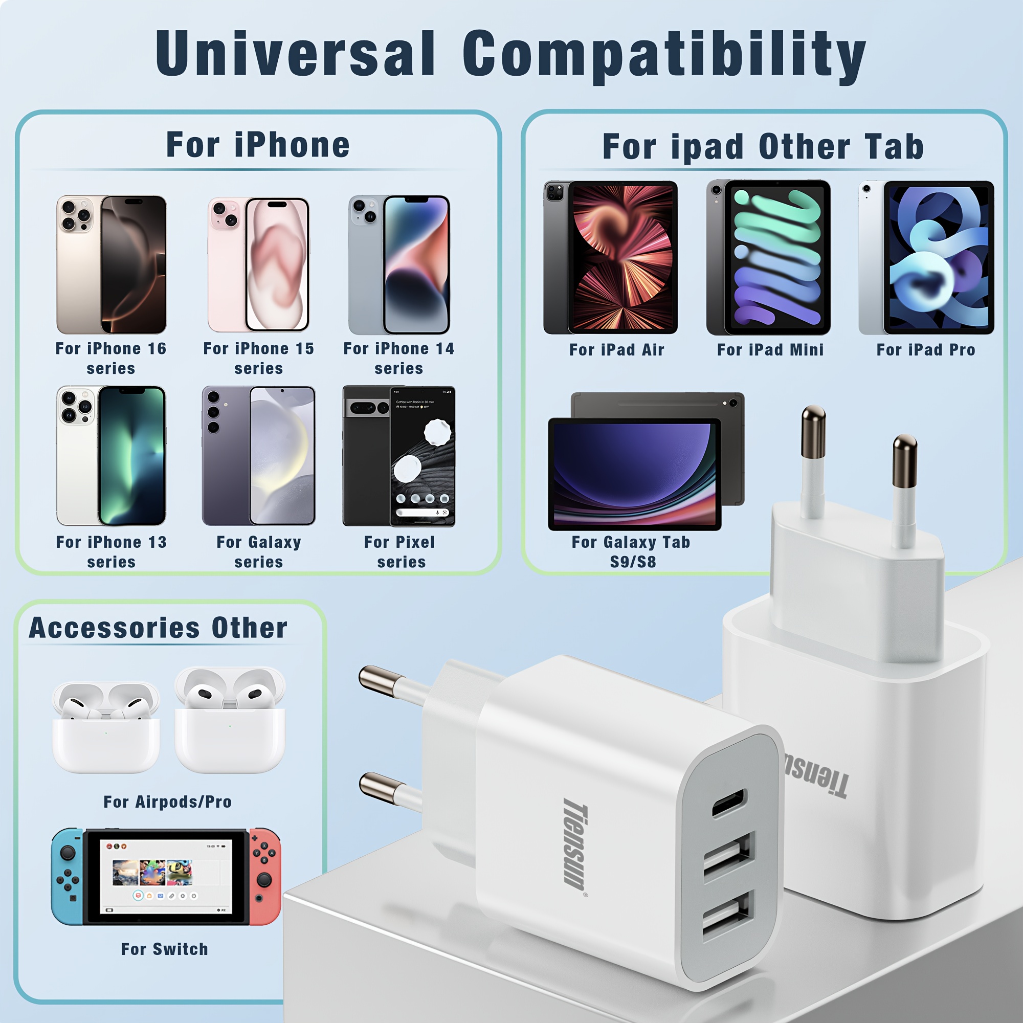 Компактно бързо зарядно TIENSUN – 3‑портов USB A+C адаптер, универсално 220–240V - Image 6