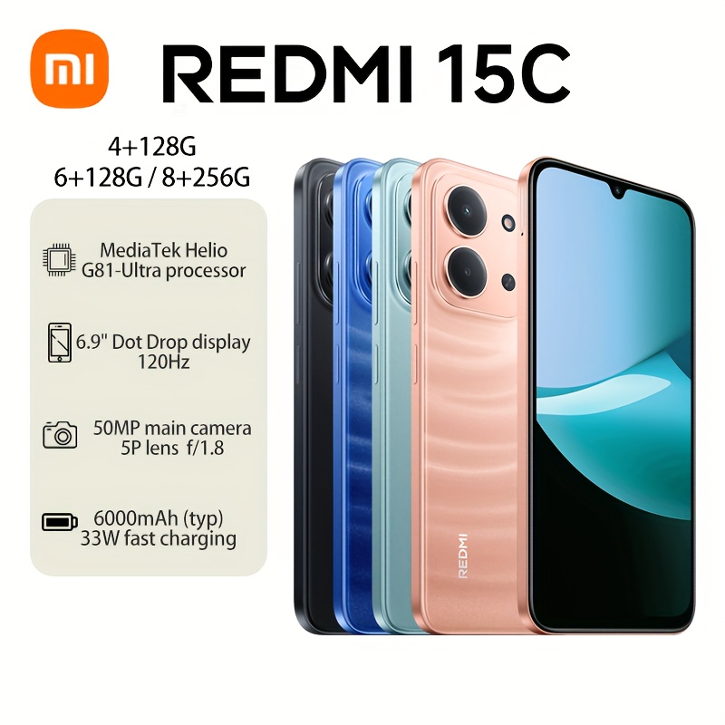Xiaomi Redmi 15C 6GB+128GB Глобална версия - 6.9" дисплей, 6000mAh батерия, 50MP AI двойна камера, 33W бързо зареждане, тънък дизайн 7.99mm