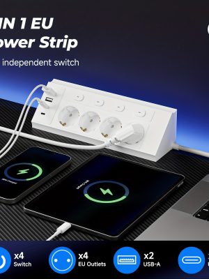Ъглов разклонител за бюро – европейски стандарт, 4 контакта + USB/Type‑C, идеален за дом и офис