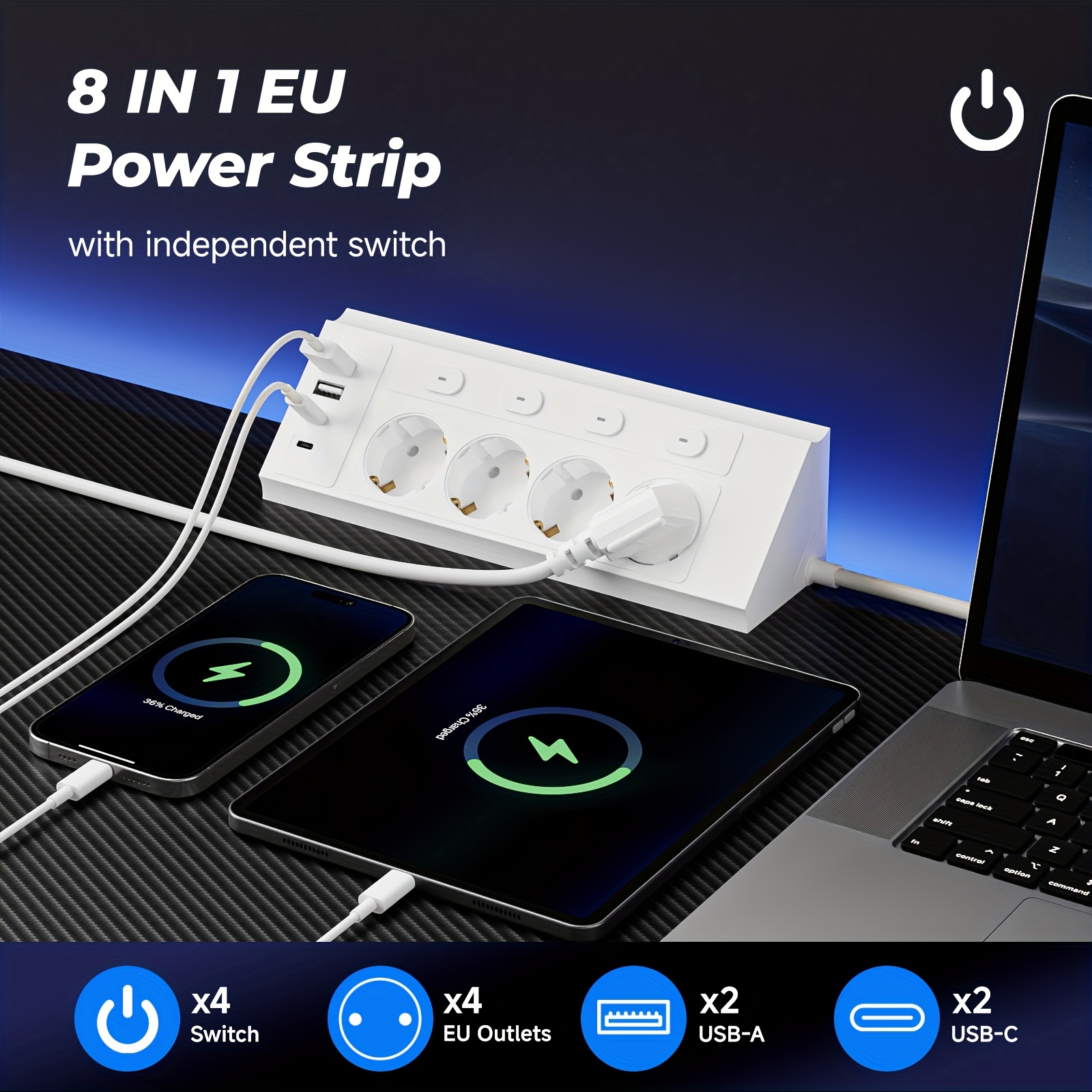Ъглов разклонител за бюро – европейски стандарт, 4 контакта + USB/Type‑C, идеален за дом и офис
