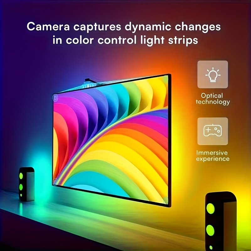 LED светлинна лента с AR сензор за цветно зрение, въжеста светлина, интелигентна LED подсветка за телевизор, подходяща за екрани 76.2-203.2 см, дистанционно и бутонно управление, синхронизация с музика, USB захранване, затъмняване, декорация за всекидневна, спалня, игрална стая