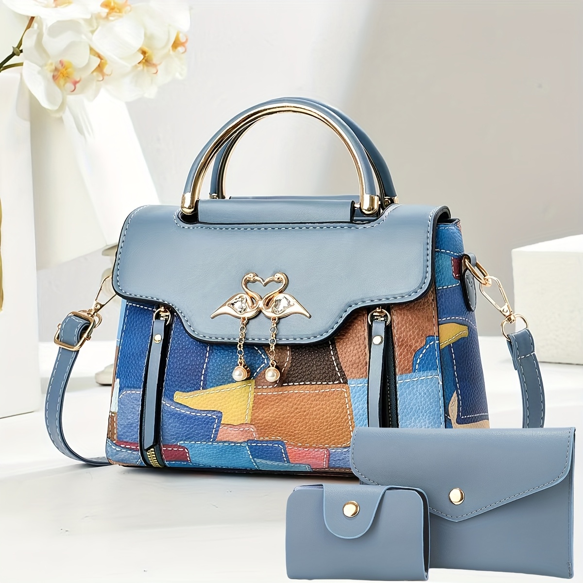 Комплект дамски чанти 3 части – раменна, ръчна и crossbody чанта - Image 11