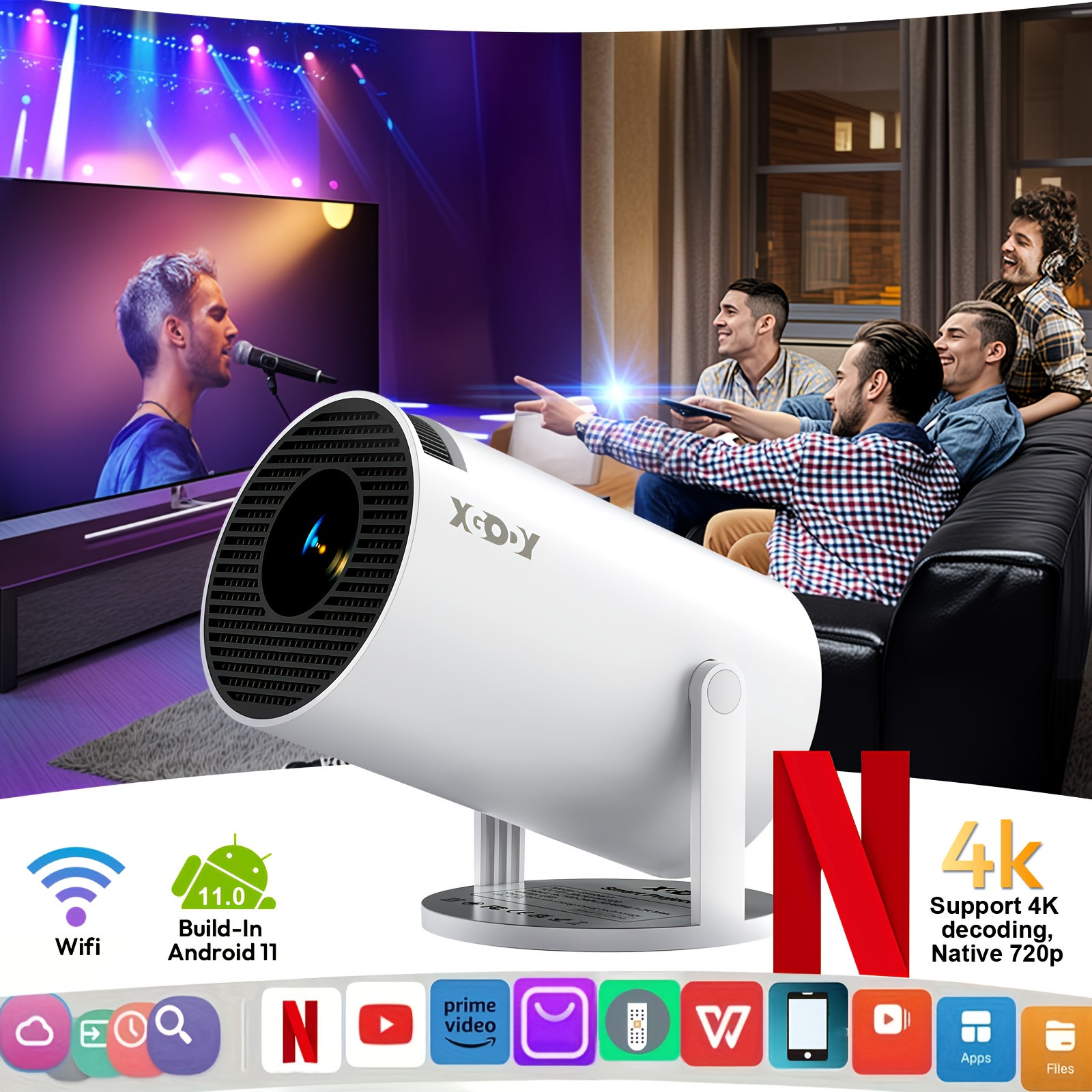 XGODY Преносим Проектор – Android 11, WiFi6, 260 ANSI лумена, идеален за домашно кино