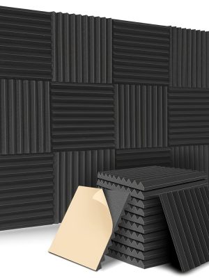 Акустични звукоизолиращи панели – 12 броя, черни, 30×30×2.5 см, самозалепващи, високоплътна пяна за KTV, бар и студио