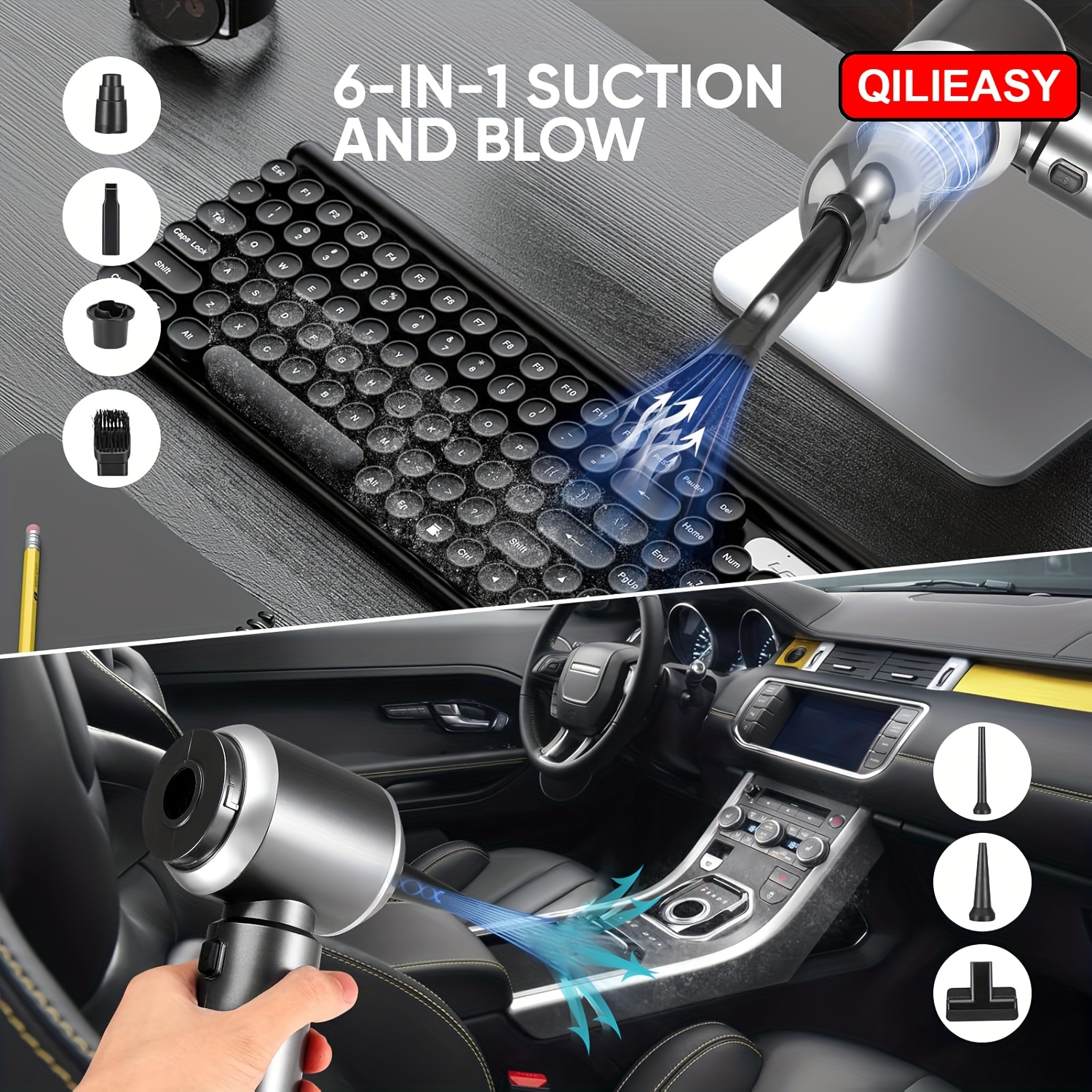 Ръчна прахосмукачка QILIEASY 100W с USB зареждане – мокро и сухо почистване за кола, диван и килим - Image 7