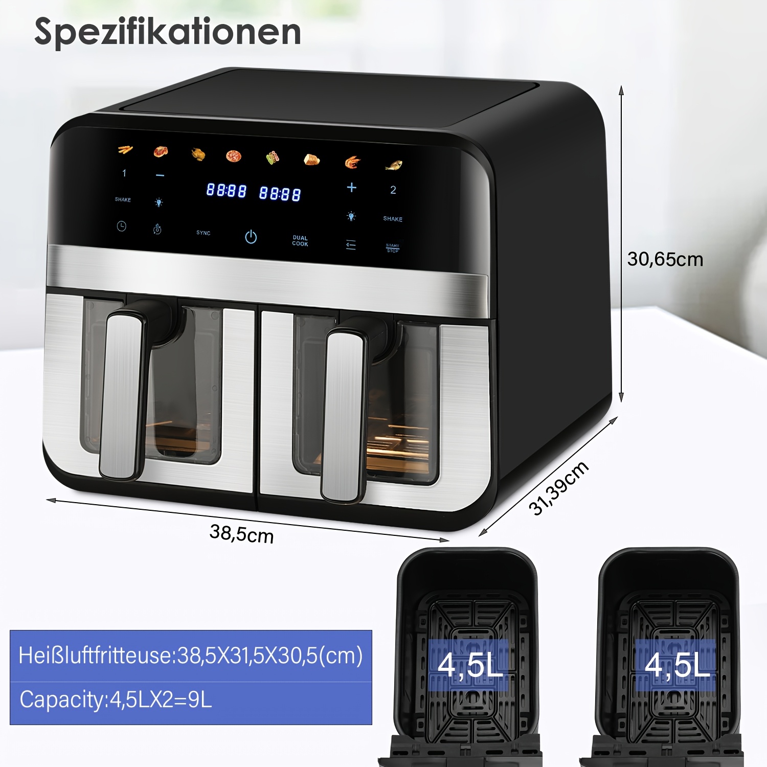 Air fryer 2x4.5L - двоен фритюрник с таймер и неръждаема стомана - Image 2