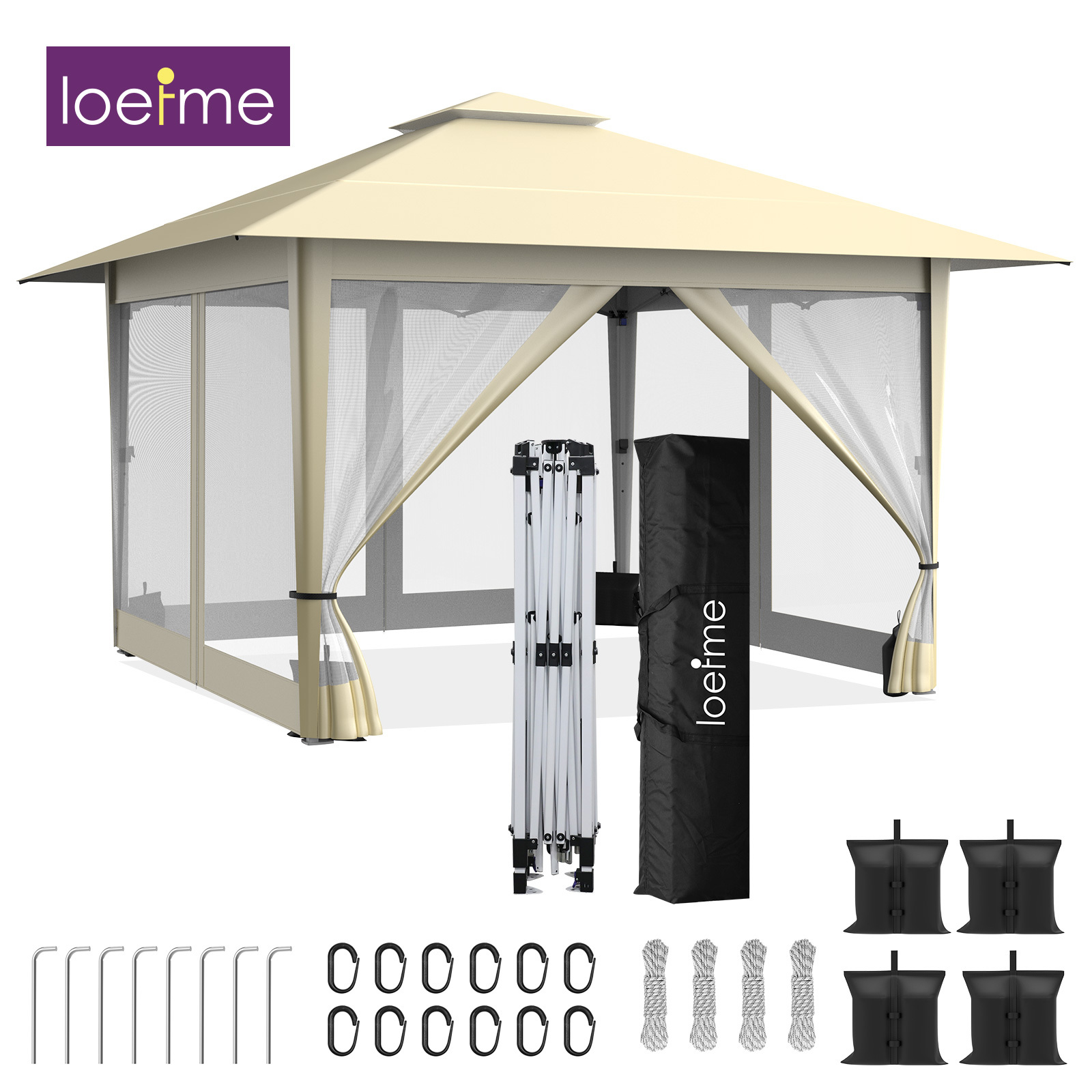 LOEFME 3.9x3.9m Сгъваем палатка-беседка – Моментално сгъваем навес с 4 странични панела, за градина, тераса и пикник - Image 8
