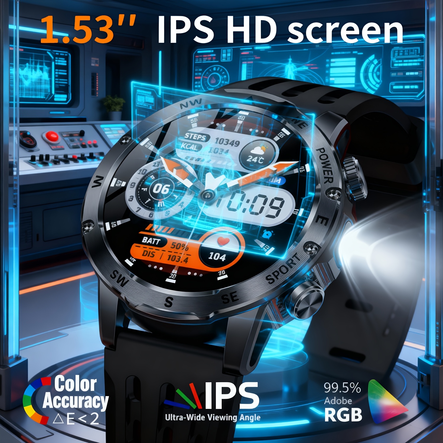 Мъжки смарт часовник - 1.53" дисплей, Bluetooth разговори, IPX8 водоустойчив за плуване, 100+ спортни режима, LED фенерче SOS - Image 2